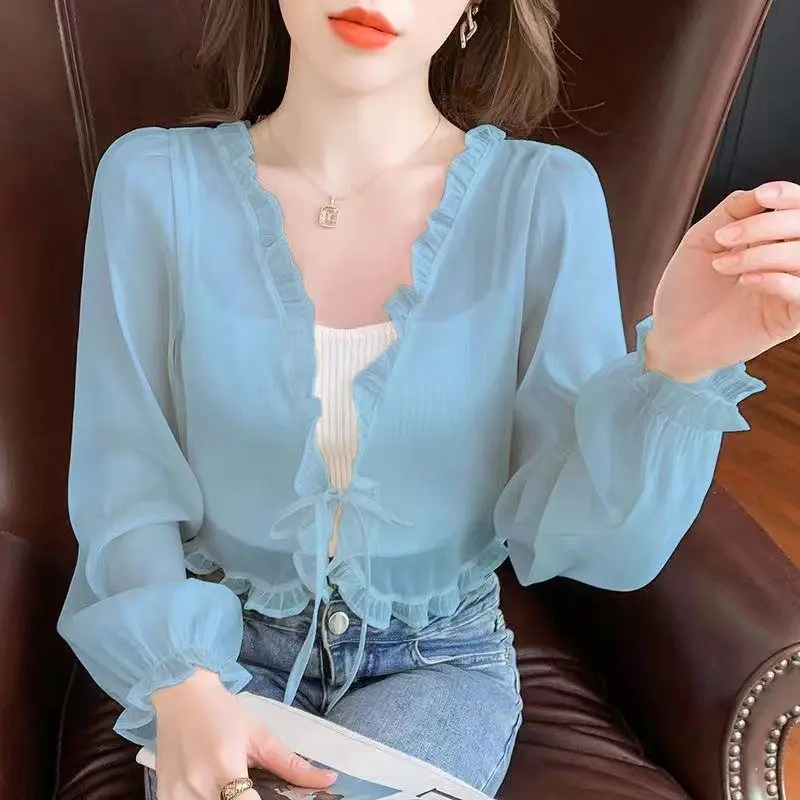 Summer New Chiffon Lacing Short Cardigan Thin Long Sleeve Solid Color Pleated All-match Tops Tees Fashion Casual Women Clothing