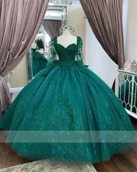 ANGELSBRIDEP Green Princess Quinceanera Dresses With Bow Detachable Sleeves Lace Applique Beaded Ball Gown 16th Birthday Gowns