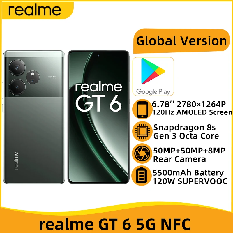 Global Version realme GT 6 5G NFC Snapdragon 8s Gen 3 Smartphone 5500mAh Battery 120W SUPERVOOC 50MP OIS Triple Camera