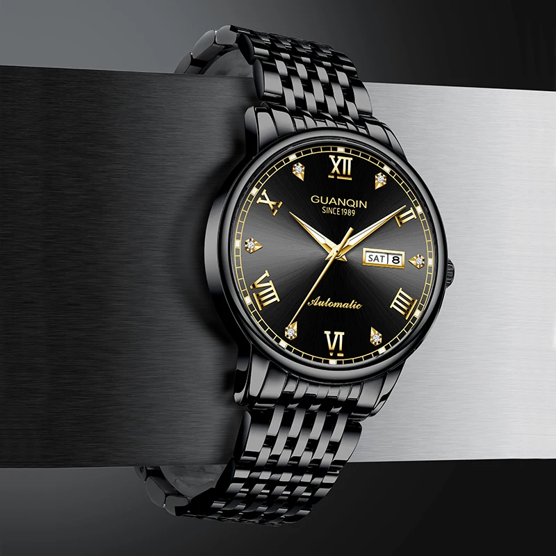 GUANQIN Роскошные мужские часы, полностью автоматические механические часы из нержавеющей стали с двойным календарем, водонепроницаемые часы высокого класса для бизнеса и отдыха