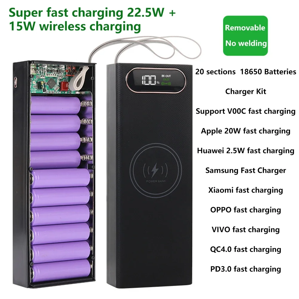 20*18650 battery Power Box No Welding DIY Detachable 22.5W Fast Charge Power Bank Case With LED Lighting