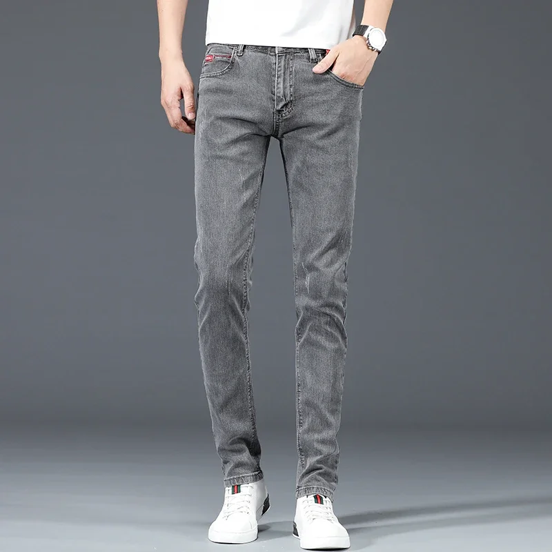 2024 neue männer Baumwolle Business Casual Dünne Jeans Trendy Modische Stretch Gerade Dünne Denim Hosen Männlich Blau Grau
