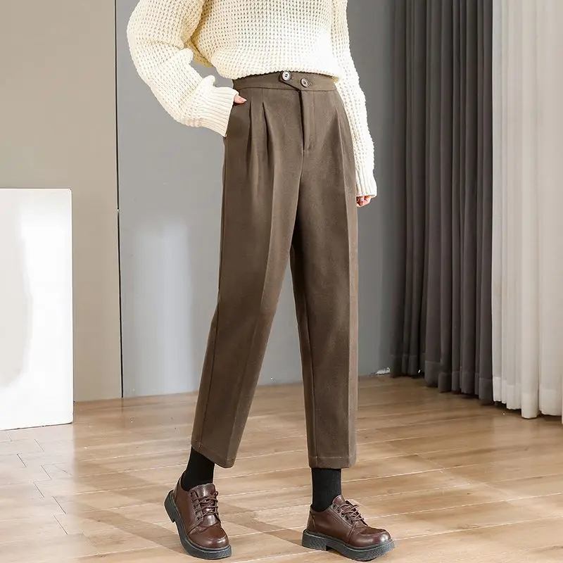 

Autumn Winter Woolen Harem Pants Women Elegant Elastic High Waist Ankle-length Straight Pants All-match Trousers Female 9673