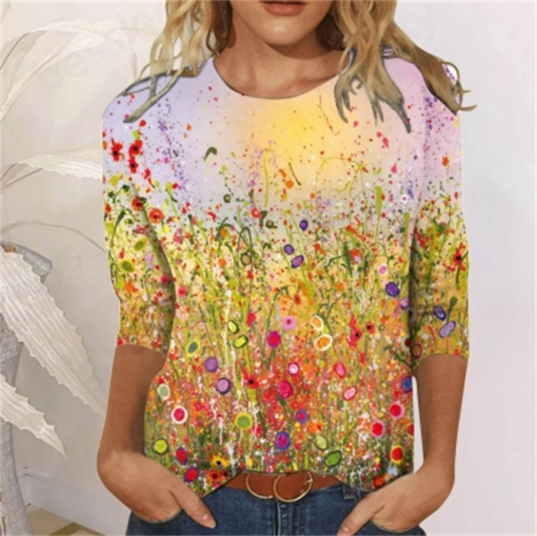 

Ladies' casual flower print O-neck loose 3/4 sleeve seven quarter sleeve T-shirt top