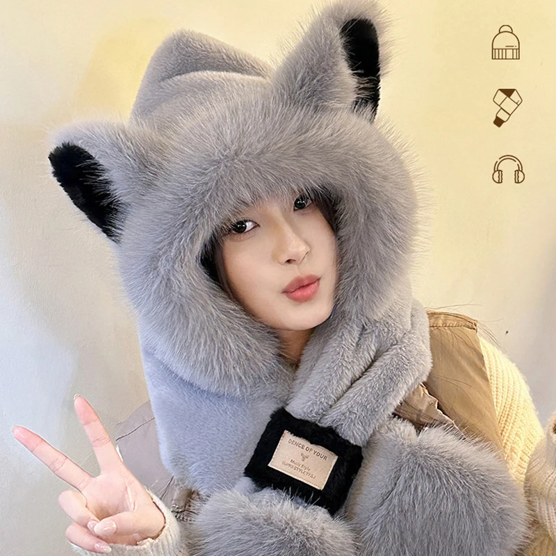 السيدات لي فنغ قبعة أفخم لطيف الثعلب الأذن قبعة وشاح المرأة الخريف والشتاء قطعتين مجموعة مقنعين وشاح للدراجات الدفء