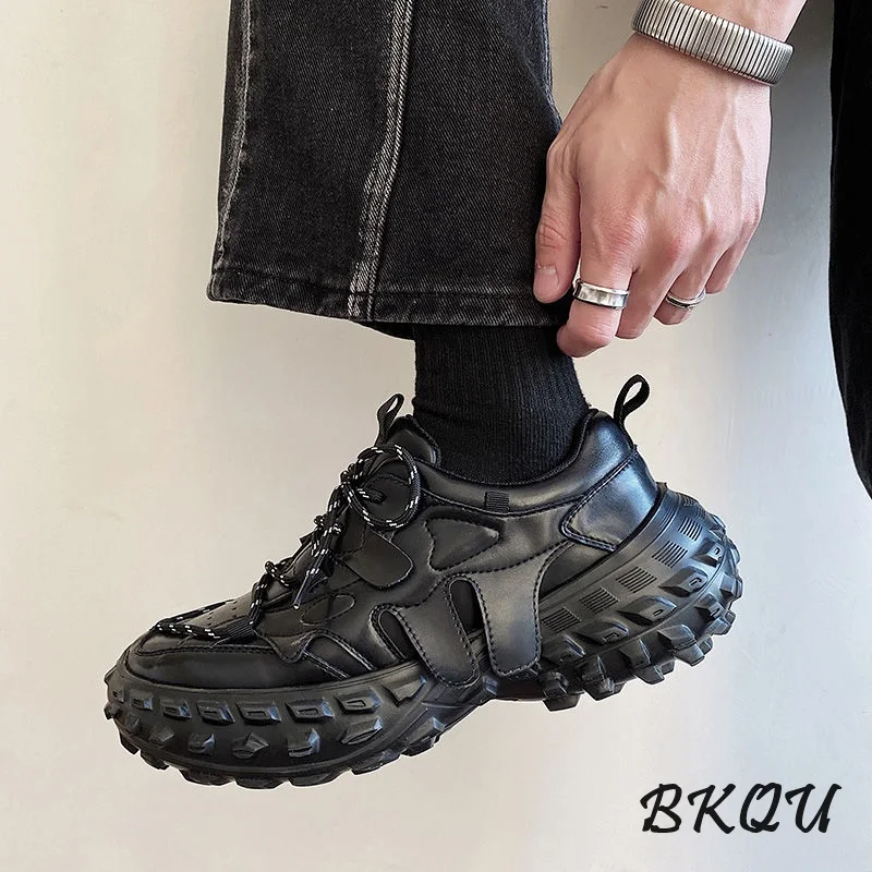 BKQU Design Sense Tire Sole Black Casual Sports Men's Shoes Autumn 2024 New Niche Increase Daddy Shoes Male Trend Ins