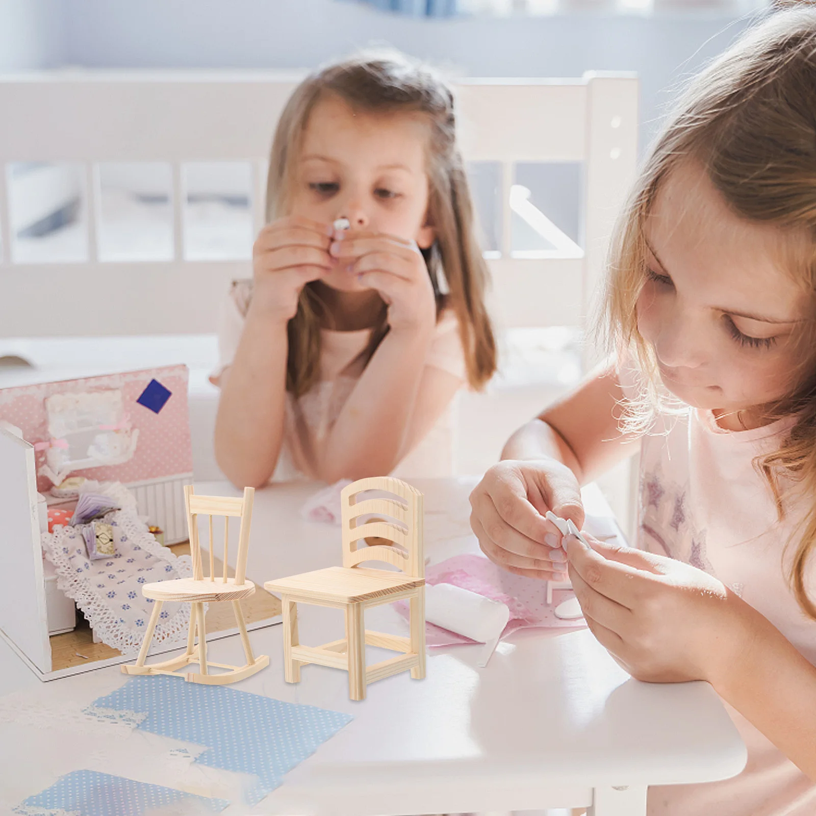 

2 Pcs Miniature Chairs Small Wood DIY Craft Furniture Accessories Vintage Dollhouse Rocking Chair Toy Kids Wooden Model Stool