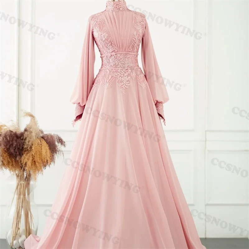 Pink Chiffon Appliques Muslim Evening Dresses Islamic Long Sleeve Hijab Formal Party Gown Women Arabic Kafan Robe De Soiree