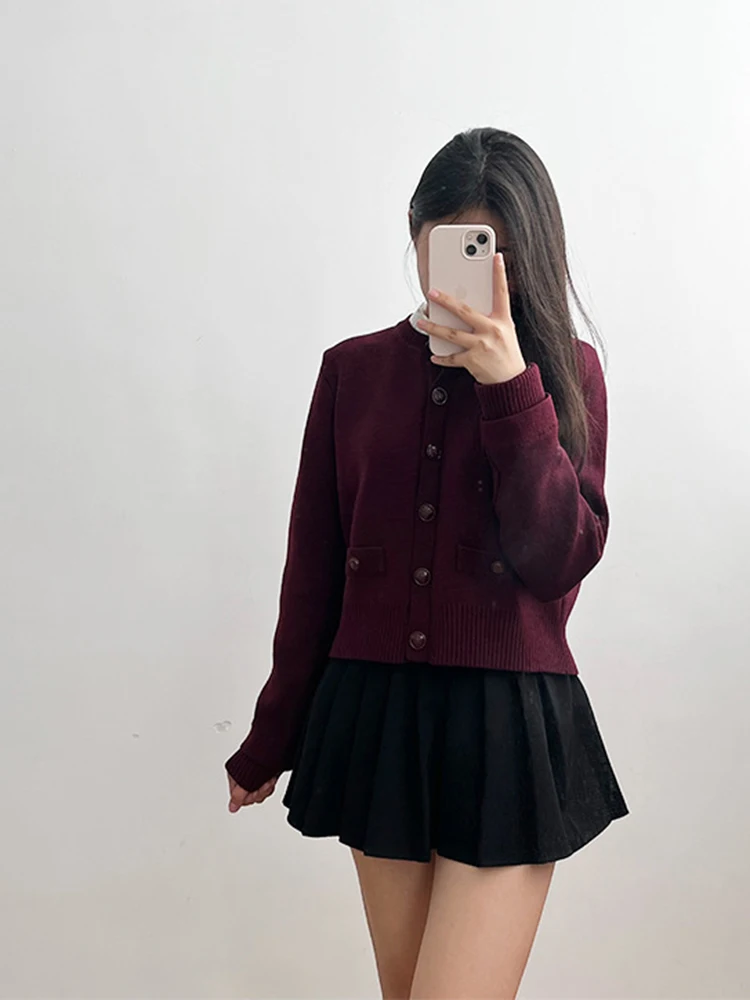 Burgundy removable wooden ear collar knitted cardigan temperament elegant single-breasted long-sleeved women\'s knitted tops