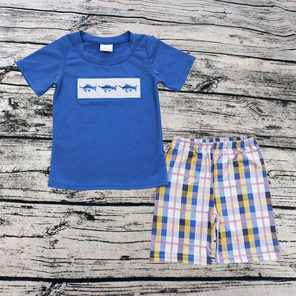 Wholesale Baby Boy Clothes Embroidery Blue Short Sleeves Cotton Shirt Outfit Children Plaid Shorts Kids Wear Infants Fish Set