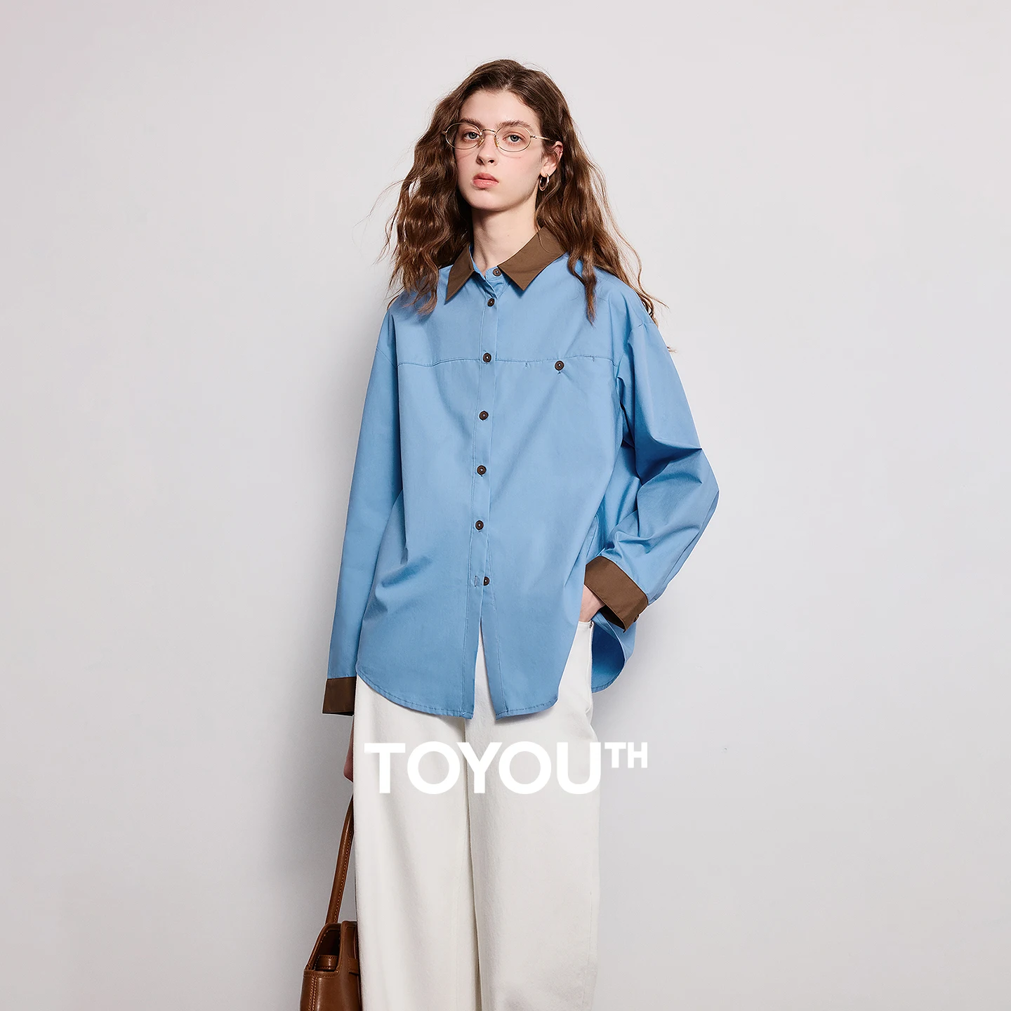

TOYOUTH Women High-Count Fine Premium Cotton Blouse 2026 Spring New Contrast Color Patchwork Vintage Intellectual Loose Shirt