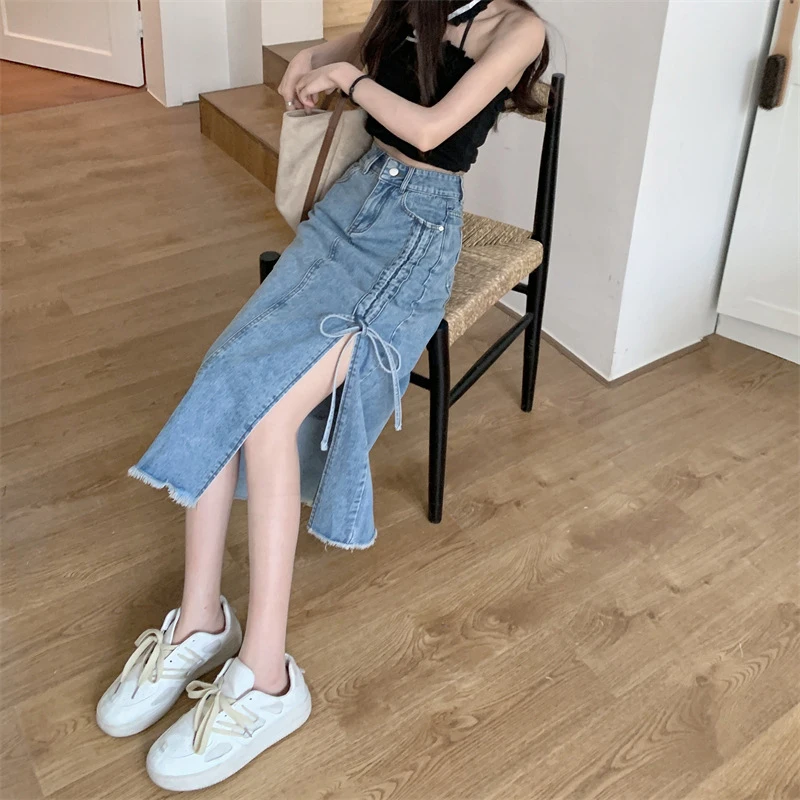 Y2K High Waist Women Jeans Skirts Korean Fashion Bandage Female Tassel Midi Skirts Summer Casual Streetwear A Line Skirts