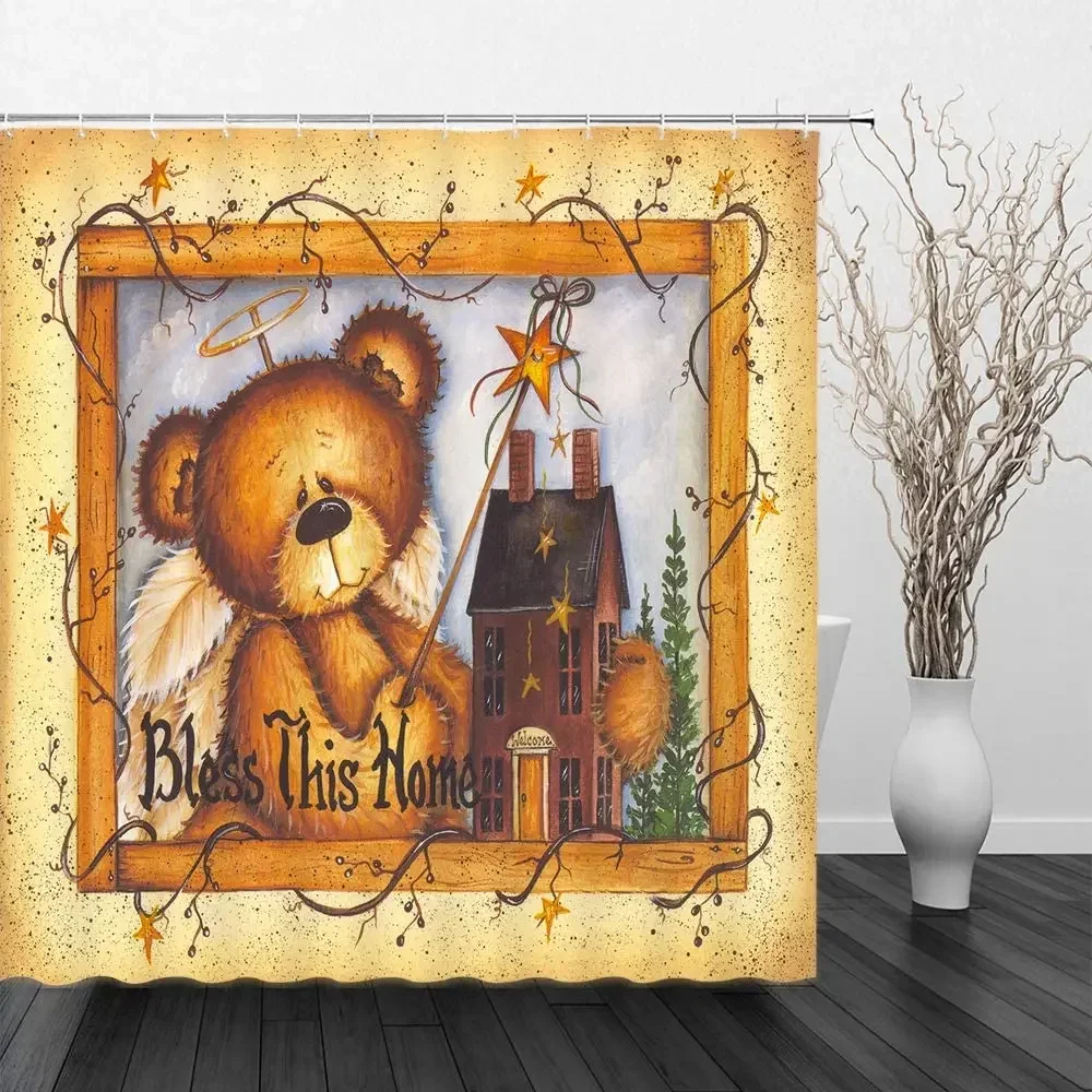 Funny Bear Shower Curtain Country Primitive House Fairytale Angel Blessed Home Retro Wood Frame Print Fabric Bathroom Decor