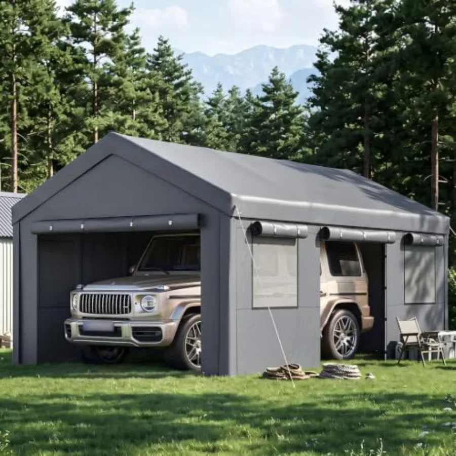 Portable car port canopy for vehicles, durable PE material, grey color, waterproof and UV-resistant