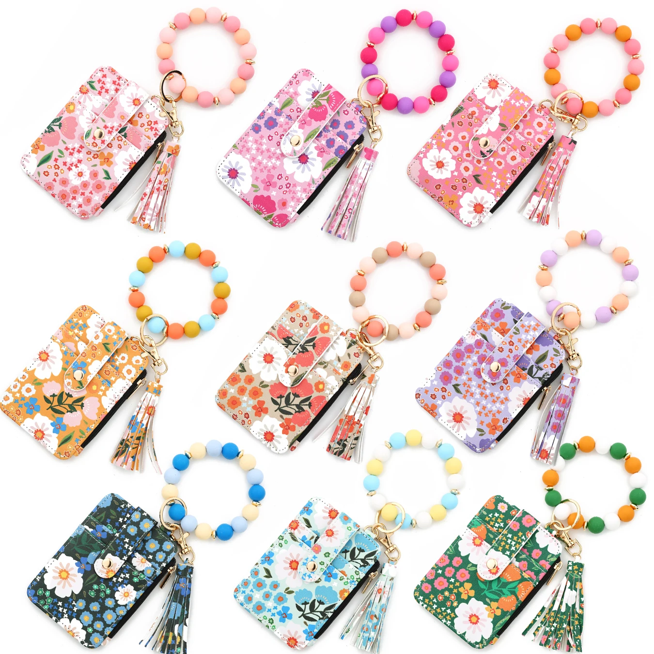 2025 سيليكون حبة سوار جلد حافظة للبطاقات السوار المفاتيح سيليكون سوار محفظة الإسورة فلوريت مطبوعة مجزأة حقيبة الهوية #3