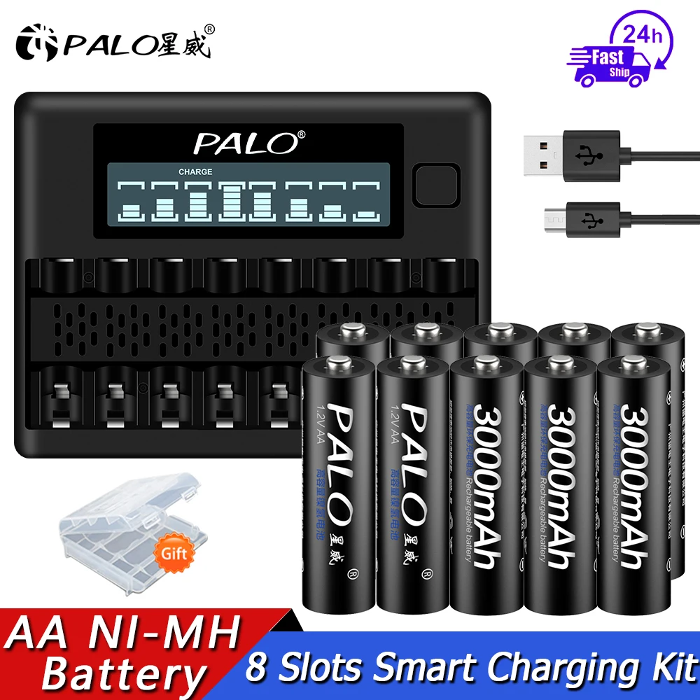Mới PALO AA 1.2V Pin Sạc AA 3000MAh Nimh Pin Aa Với 8 Khe Cắm 1.2V AA pin AAA Sạc Thông Minh