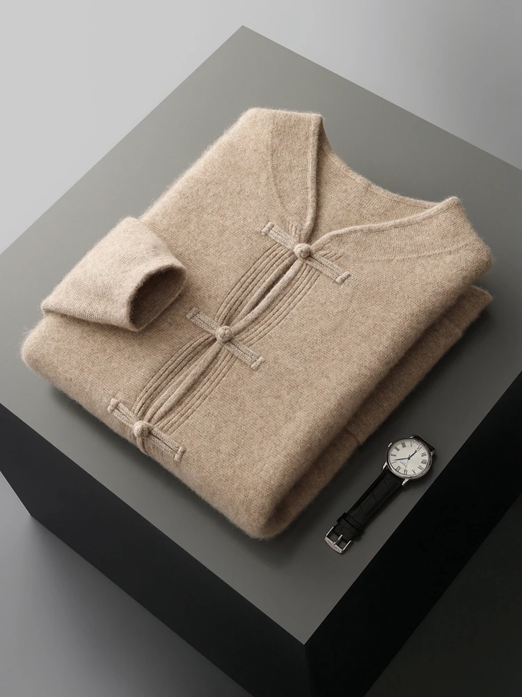 

New Chinese Style Men's Jacket 100% Cashmere Sweater Coat Mandarin Collar Knitwear Autumn Winter Thicken Vintage Cardigan Pocket