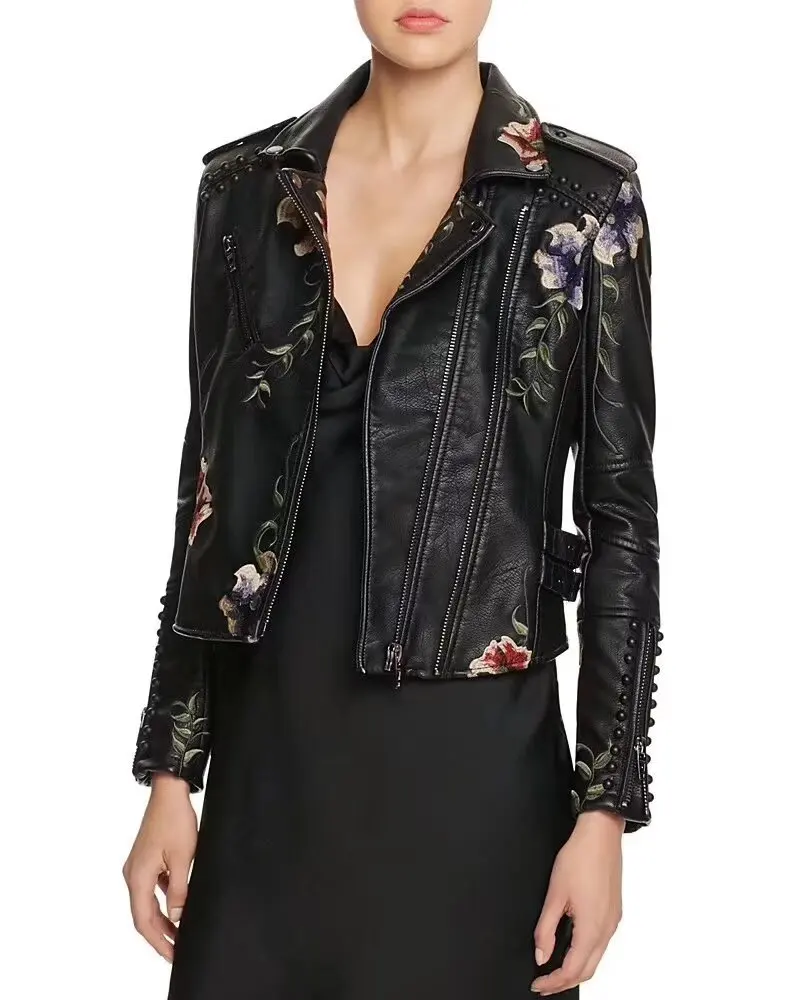 2024 autumn new style suit collar embroidered flowers and leaves rivet short leather jacket PU leather jacket