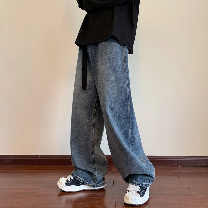 2023 Autumn New Blue Solid Simple Jeans With Belt Male Casual Mopping Denim Pants Men Oversized Zipper Wide Leg Jean Pants