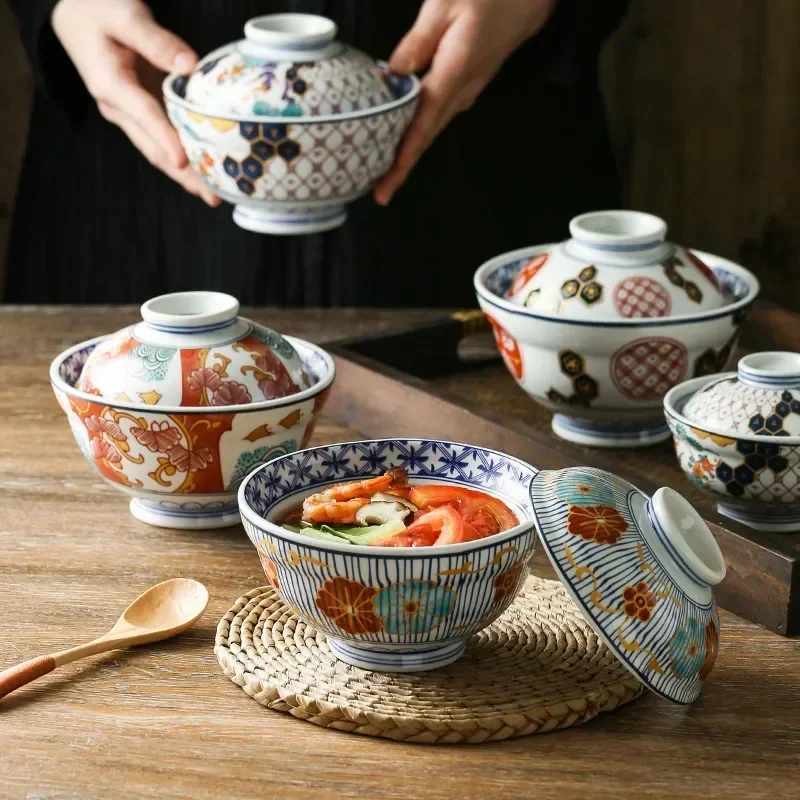 

Japanese Style Ceramic Steamed Egg Stew Pot With Lid Large Rice Noodle Bowl Creative Fruit Salad Soup Bowl Kitchen Tableware