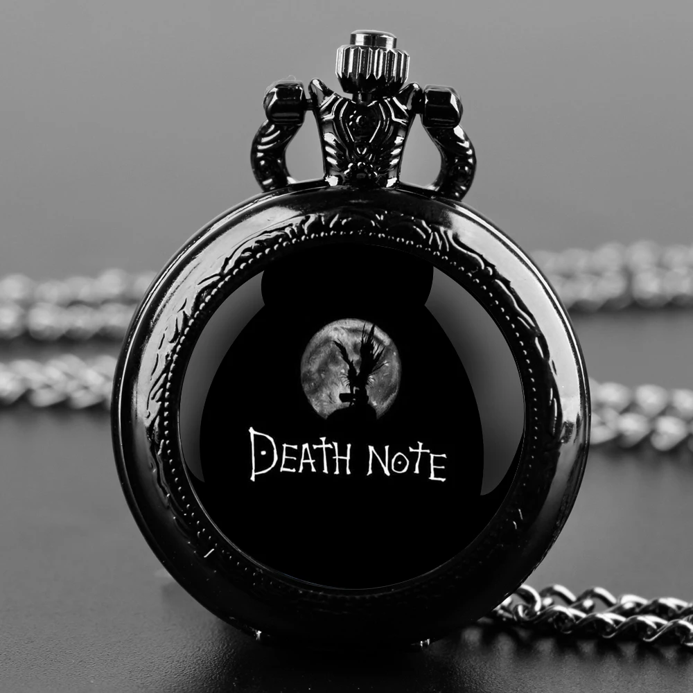 Death Note Design Glass Dome Quartz Pocket Watch With Durable Chain Arabic Numeral Dial For Men And Women Creative Gifts