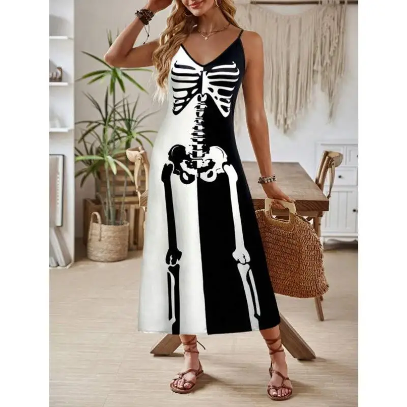 

Женский повседневный спортивный костюм с V-образным вырезом и принтом скелета, на тонких бретелях, для осеннего сезона, с рукавами три четверти