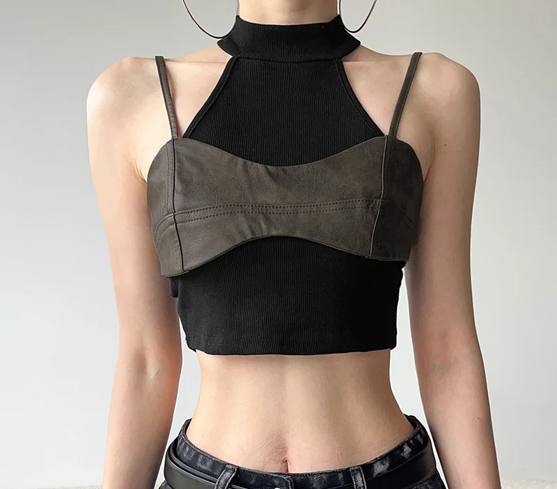 Top Women 2024 Summer Spicy Girl Leather Sling Spliced Mock Neck Off Shoulder Sleeveless Casual Daily Basics Crop Tank Top Y2k