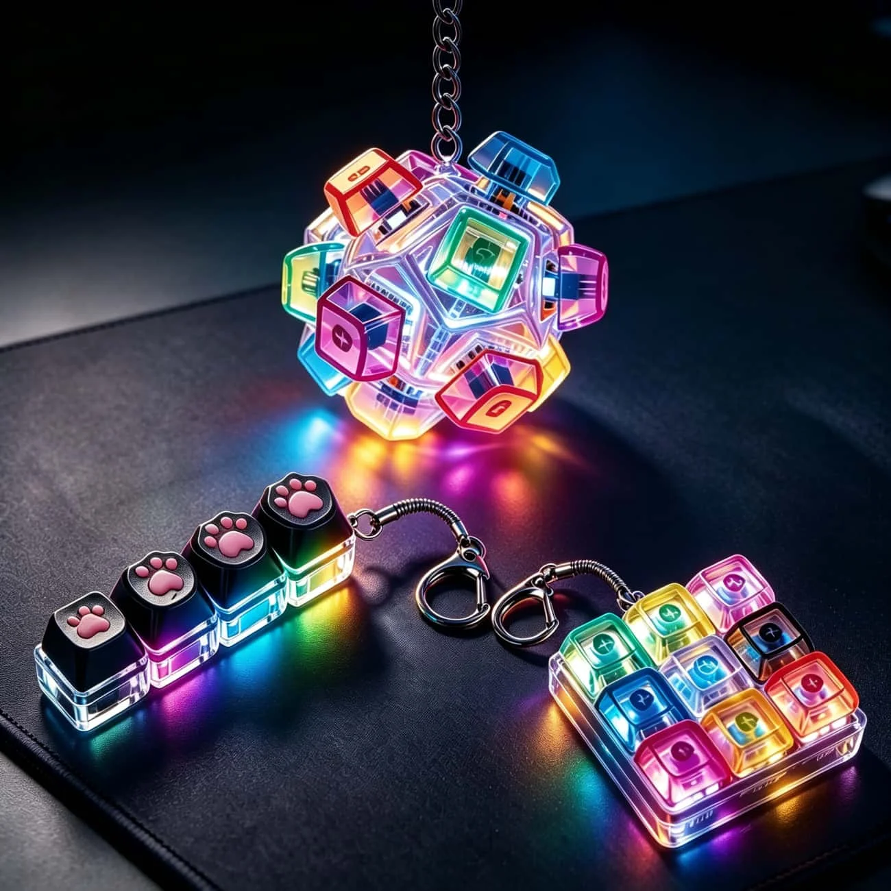 Mechanical Keyboard Keycap Keychain RGB LED Light Up Transparent Artisan Keycap Cat Paw Cube Fidget Key Ring Pendant Gamer Gift