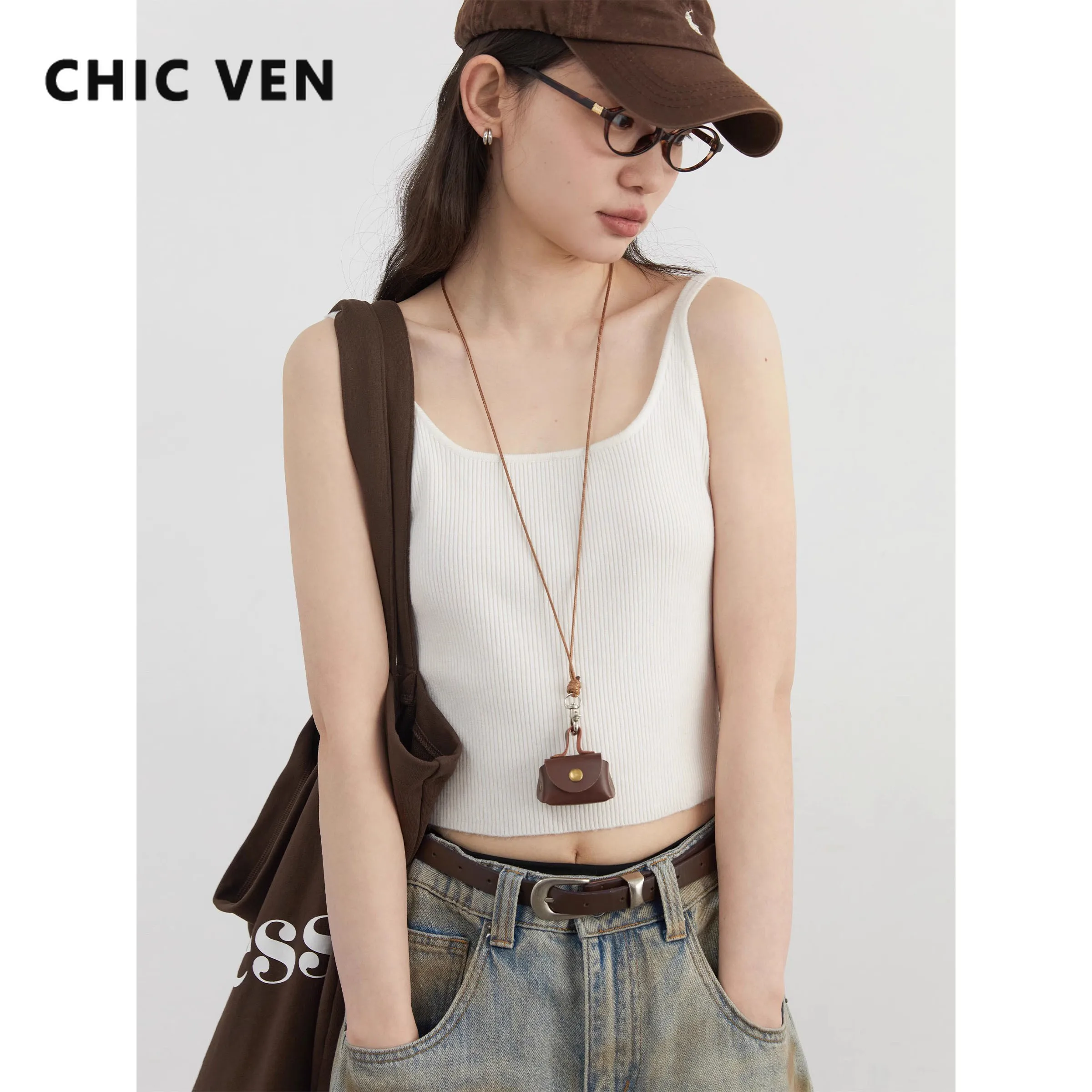

Женские футболки CHIC VEN, однотонные, тонкие, с квадратным вырезом, вязаная майка, женский топ, женский пуловер, футболки, весна-осень 2025