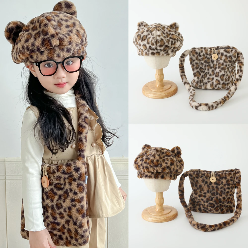 

2Pcs Kids Hat Bag Set Leopard Autumn Winter Wool Children Cap Kids Beret Hats for Girls Gift Child Accessories 3-8Y