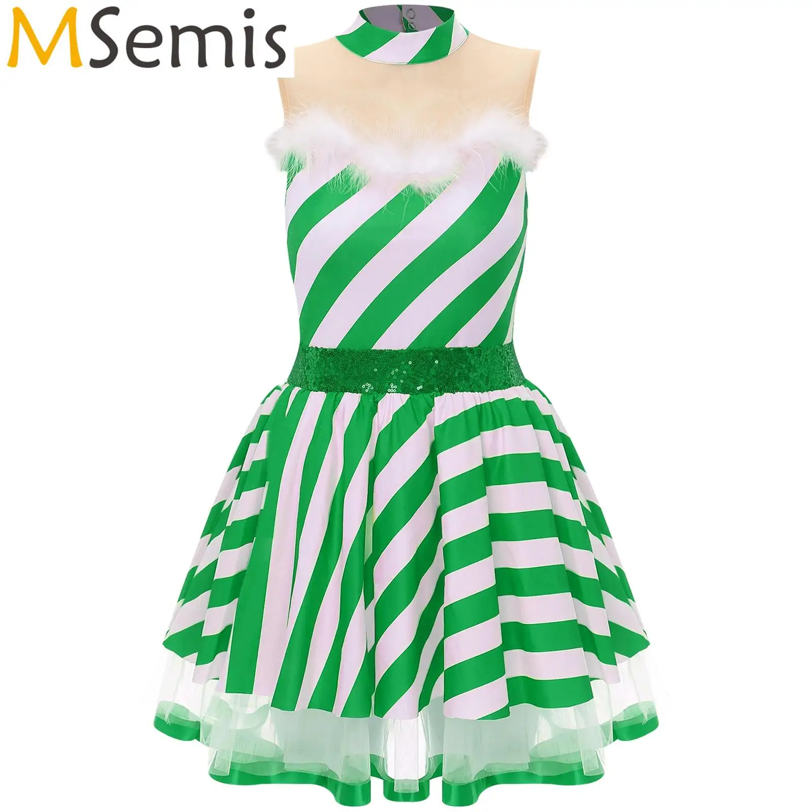 Womens Christmas  Figure Skating Bodysuit Miss Santa Xmas Cosplay Costume Sequins Striped Ballet Tutu Party Candy Cane Dress