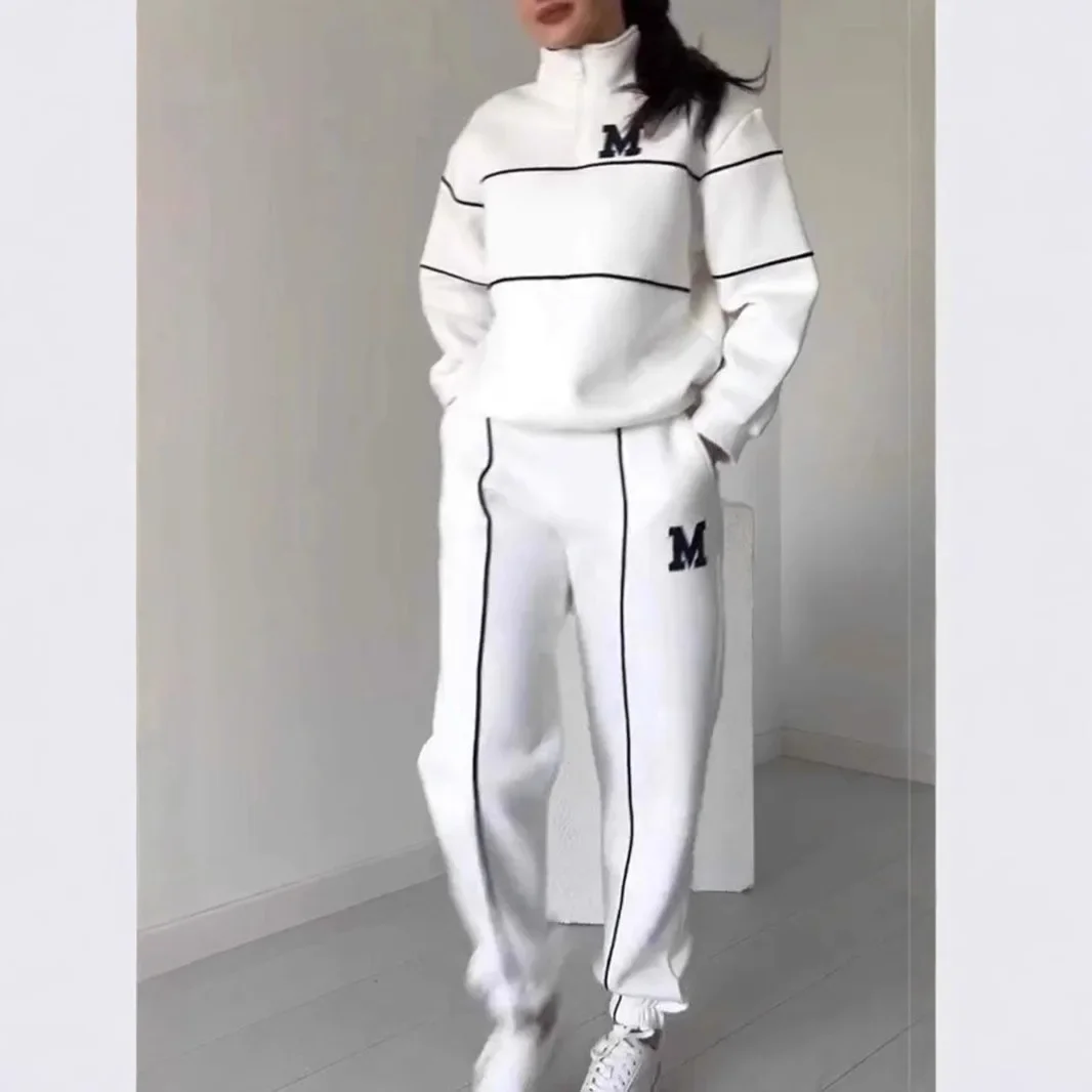 Two Piece Sets Women Pant Set Zipper Tracksuit Jogger Y2k Loose Sweatshirts Print Letter Elastic Waist Long Pants Autumn Winter