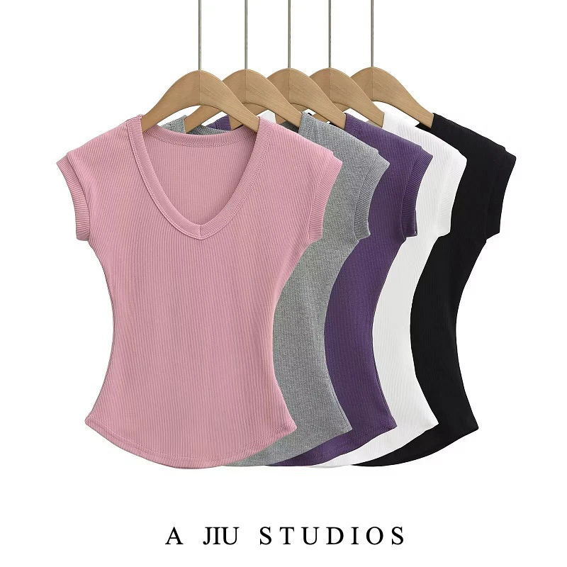 

Slim Fit V-Ne Tank Top Женская летняя эластичная обтягивающая внутренняя одежда Ant Waist Сексуальная футболка Street Sle ort Sve Pure Color