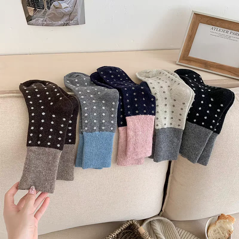 겨울 신상품 물방울 무늬 울 양말 가을/겨울 다용도 트렌디 따뜻한 일본 스타일 스택 양말 빈티지 미드 카프 양말