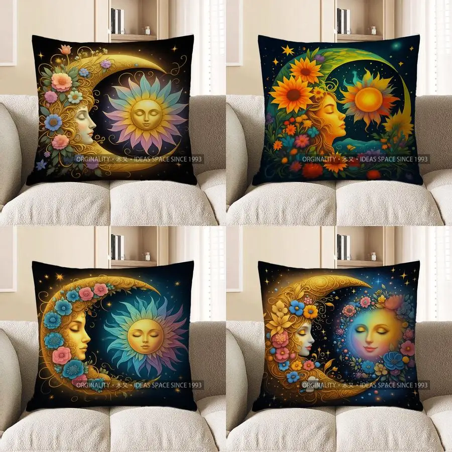 

Home Decor Moon, Sun & Floral Dreamy Pillow Cover Pattern Cushion Cover Suitable For Sofa Bedroom Car Pillow Cover