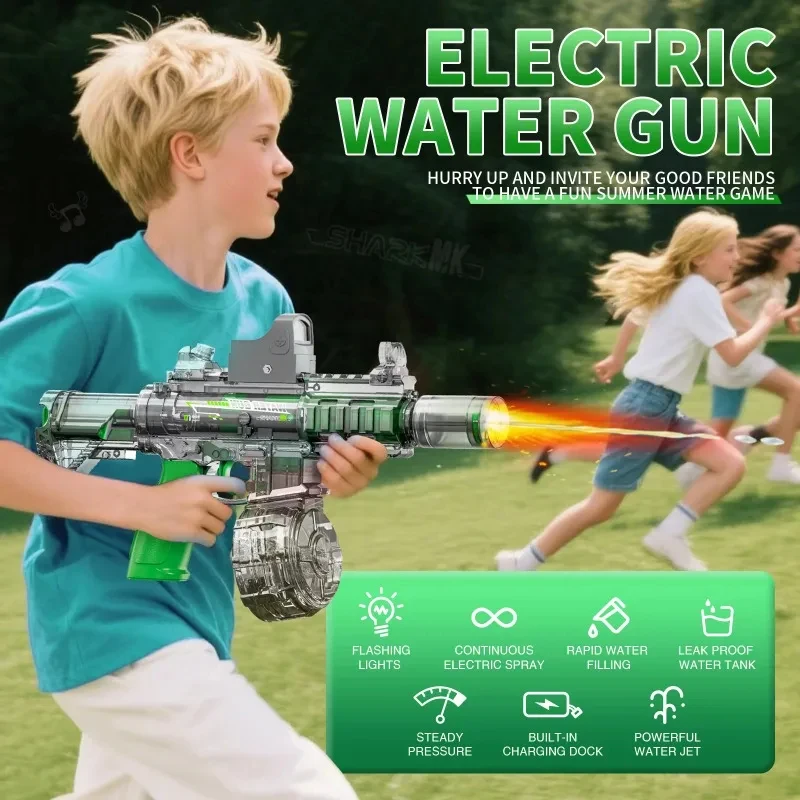 Automatic Electric Water Gun M4 Transparent Body with Flame Light, High Power Long Range Water Blaster, Detachable Drum Magazine image 6