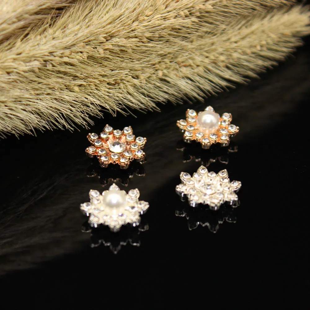 Alloy Flower Nail Charms 3D 10pcs/lot Full Diamond Pearl 16*16mm Gold/Silver Snowflake Rhinestone Metal Nail Jewelry Decorations