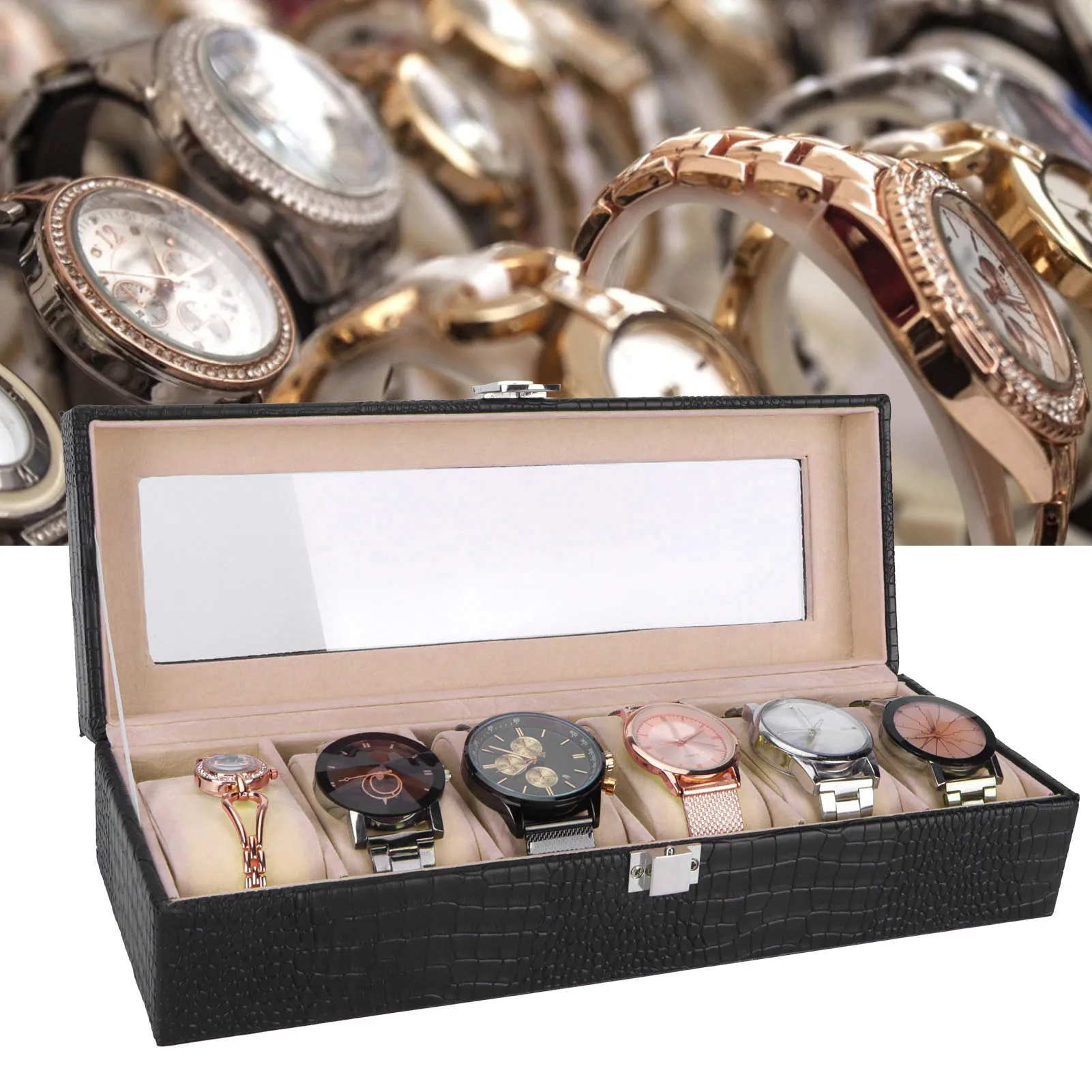 

Коробка для часов на 6 слотов из искусственной кожи, прямоугольный футляр-органайзер для наручных часов, подарочный, черный, для дома, держатель для часов