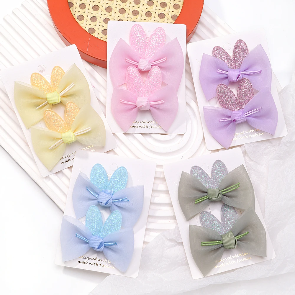 2pcs/set New Girls Kids Gauze Bow Hairpin Rabbit ears Hair Clips Princess Hair Accessories Baby Barrettes Wholesale