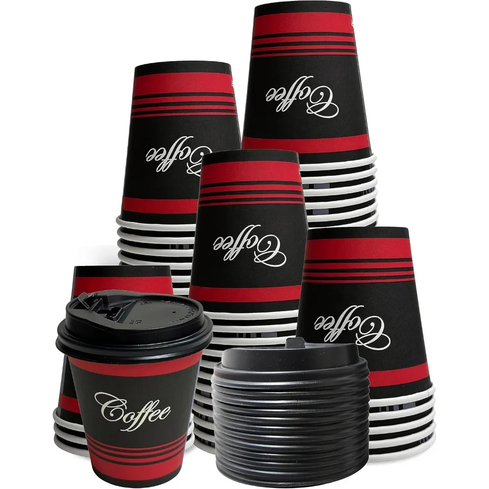 

Одноразовые бумажные кофейные чашки на 10 унций с черными куполообразными крышками — для горячих, холодных напитков, кофе, чая, какао, путешествий, офиса, дома, сидений,