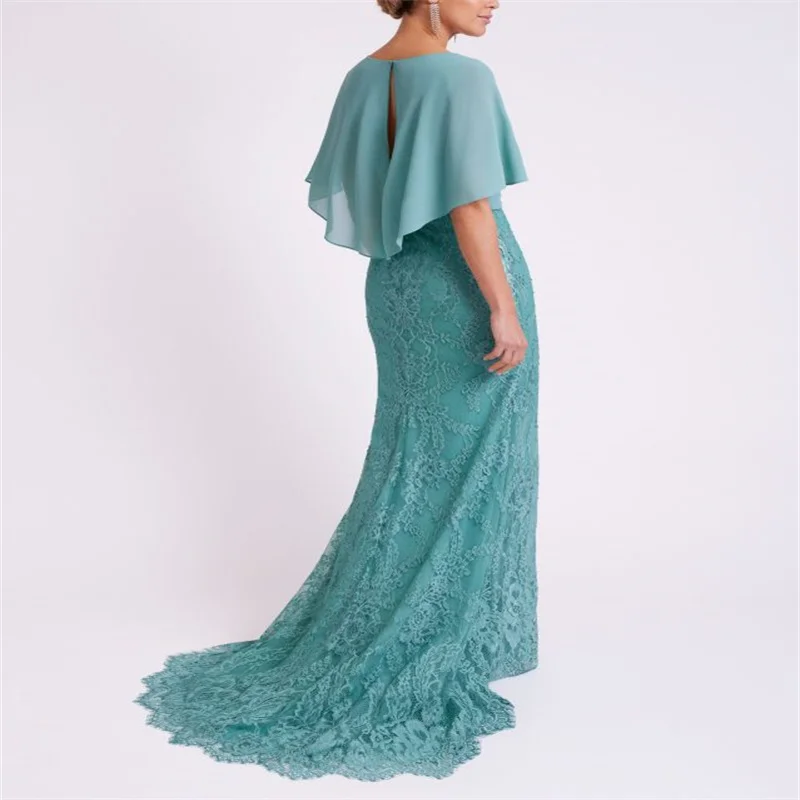 MULONG Mermaid Plus Size Mother of The Bride Dress O Neck Chiffon Short Sleeves Lace Sweep Train Party Evening Gowns Latest Arri