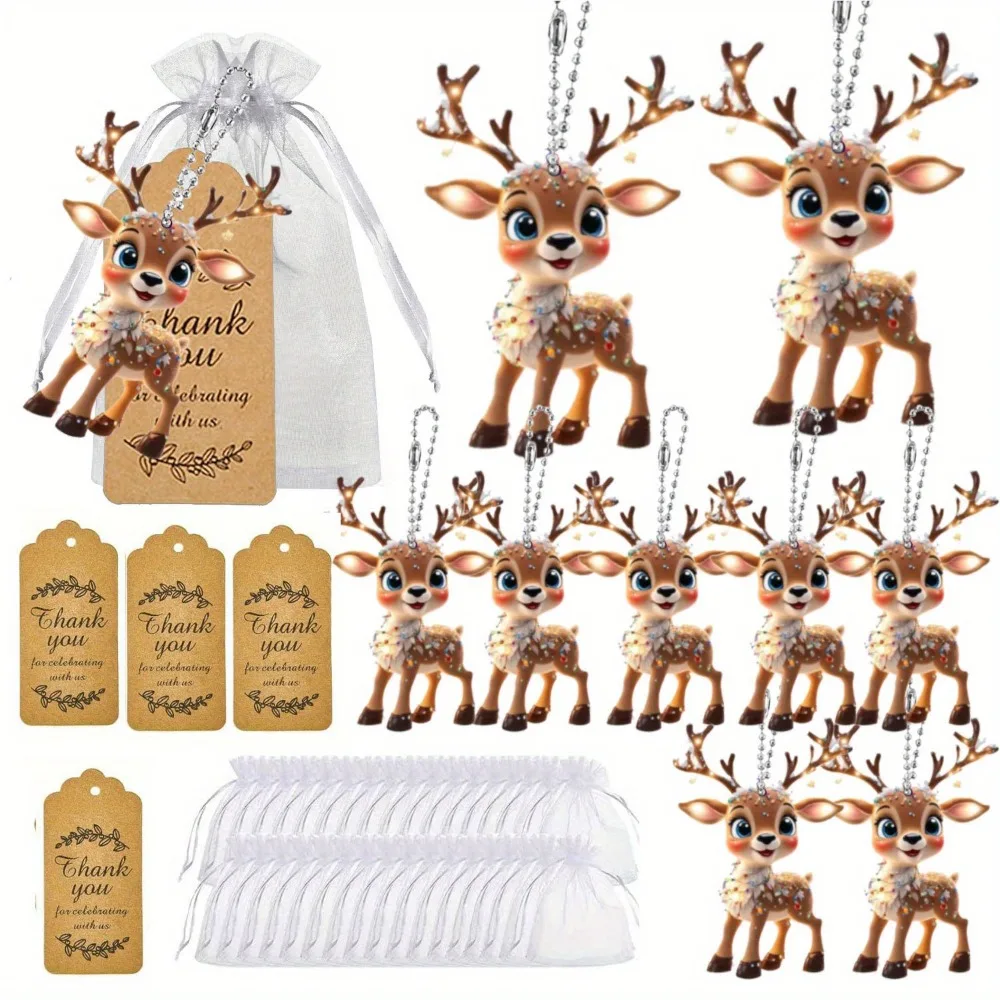 18-teiliges/6er-Set Weihnachts-Rentier-Acryl-Schlüsselanhänger-Set mit 6 Anhängern, 6 Taschen und Karten für Hochzeits-, Geburtstags- und Jubiläumsgeschenke