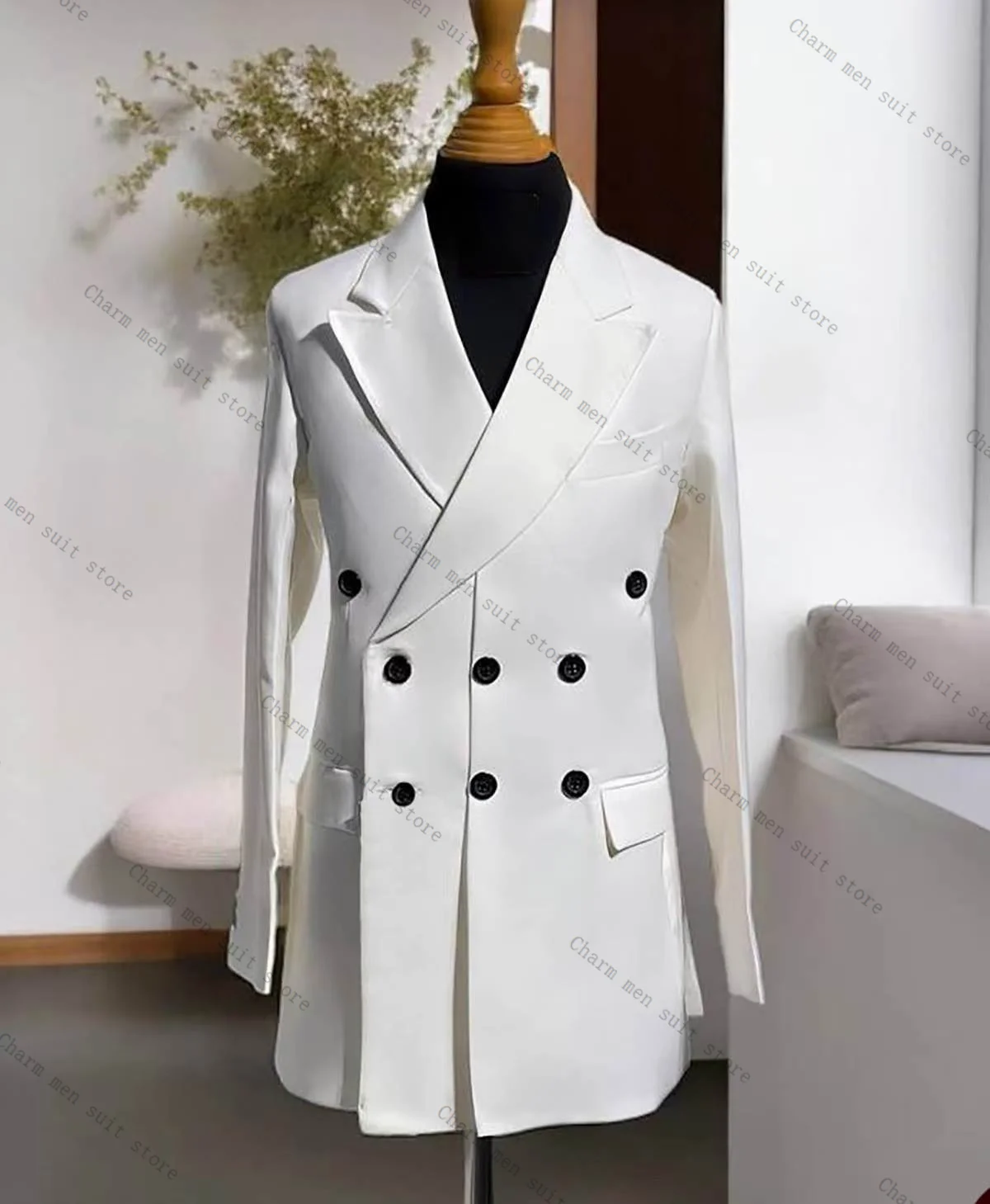 

White Men Suits Set 2 Pcs Blazer+Black Pant Trouser Wedding Tuxedo Formal Office Cotton Male Groom Prom Party Jacket Coat