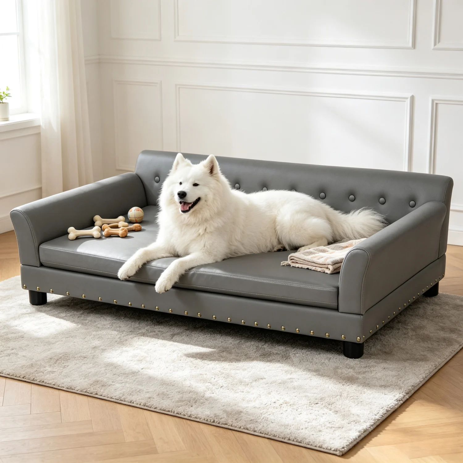 

Elevated Dog Sofa for Medium to Large Dogs Couch Bed Microfiber Leather Cover Pet Snuggle Lounge Chair with Removable Cushion