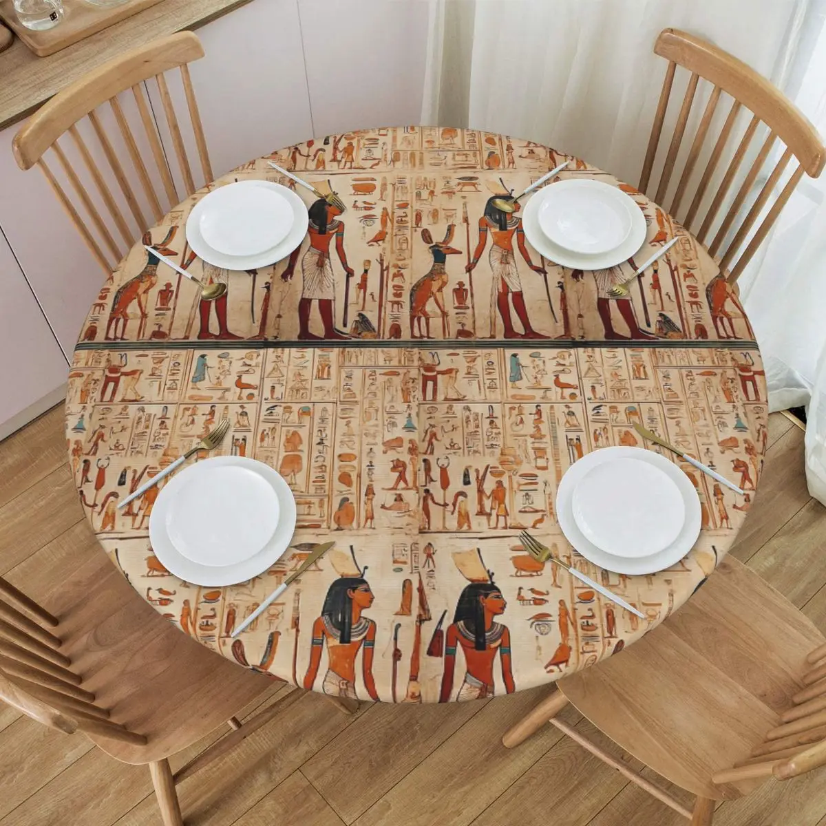 Ancient Egypt Mural Egyptian Mythology Waterproof Round Tablecloth Oilproof Table Cloth for Kitchen Events Dining Table Cover
