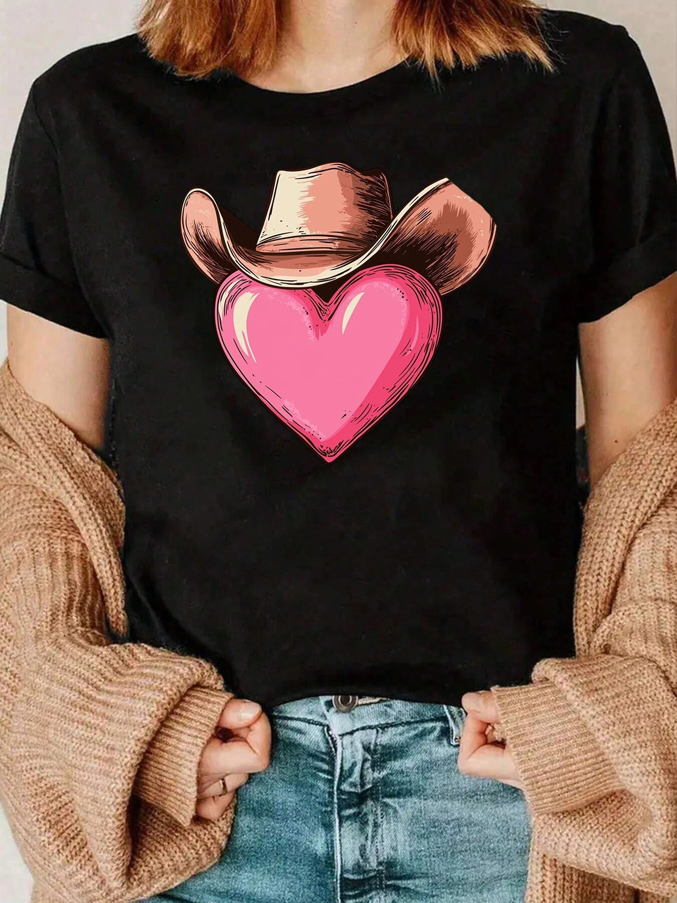 카우보이 모자 하트 프린트 발렌타인 티셔츠 캐주얼웨어 여성용 220g
