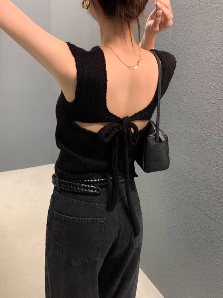 Simple Solid Backless Bandage Sleeveless Knitted Pullover Women 2025 Summer Retro Slim Fit Versatile Crop Top Sweater