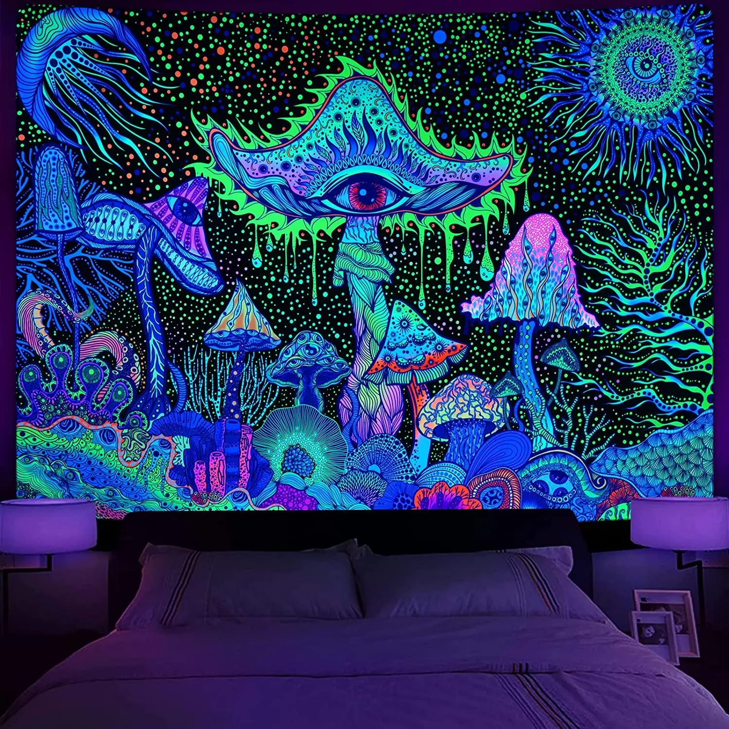 

Blacklight Tapestry UV Reactive Eyes Tapestries Sea Creatures Boho Glow In Dark Wall Hanging for Bedroom Aesthetic Room Decor