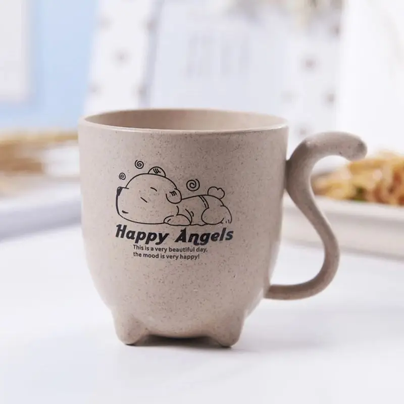 Cute Cartoon Wheat Straw Plastic Tumbler with Handle for Water, Coffee, Milk, Tea Unbreakable Reusable Drinking Cup