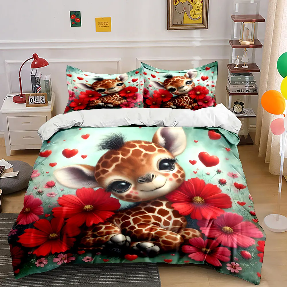 Adorable giraffe with red flowers Print Soft Comfortable Duvet Cover Bedding Set Included 1*Duvet Cover 2*Pillowcases